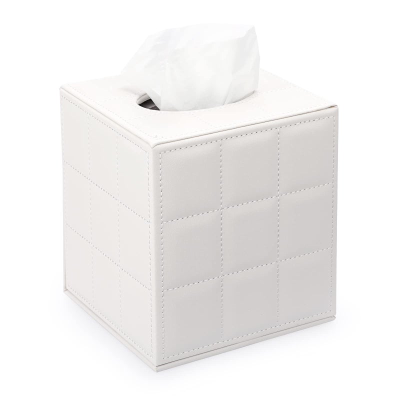 Sumnacon Square Leather Tissue Box Cover - Stylish Cube Tissue Box Holder with Magnetic Bottom, Decorative PU Tissue Box for Vanity Dresser Night Stand Table Countertop Home Office Car, Grid White - Image 1